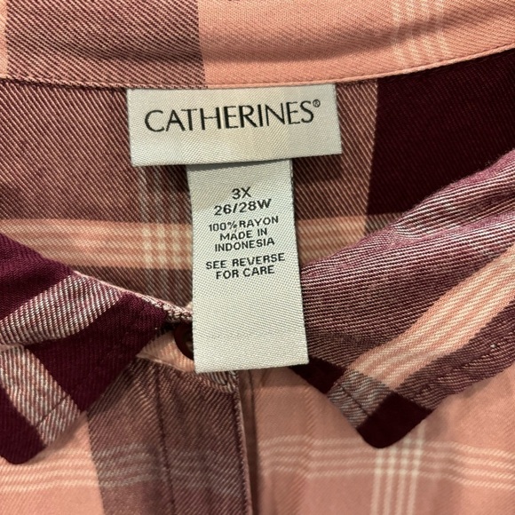 Catherines 3X Flannel Button Shirt Pink Plaid Long Roll Tab Sleeves - Picture 5 of 11